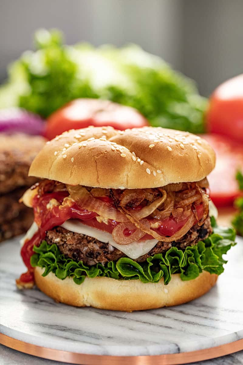 Black Bean Burger on a marble plate.