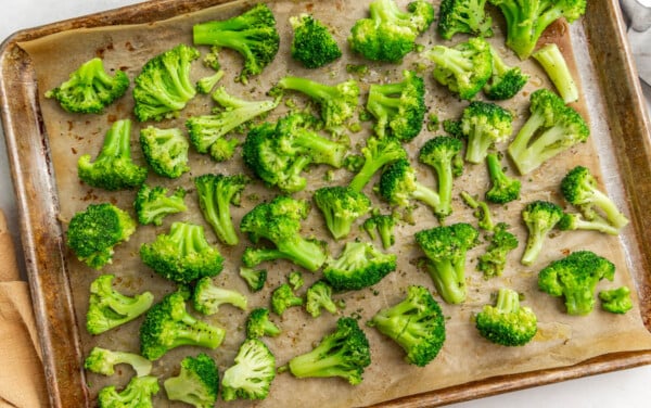 Overhead view of broccoli florets.