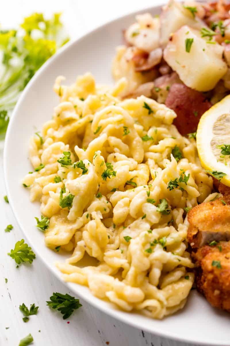 German Spaetzle served up on a white plate.