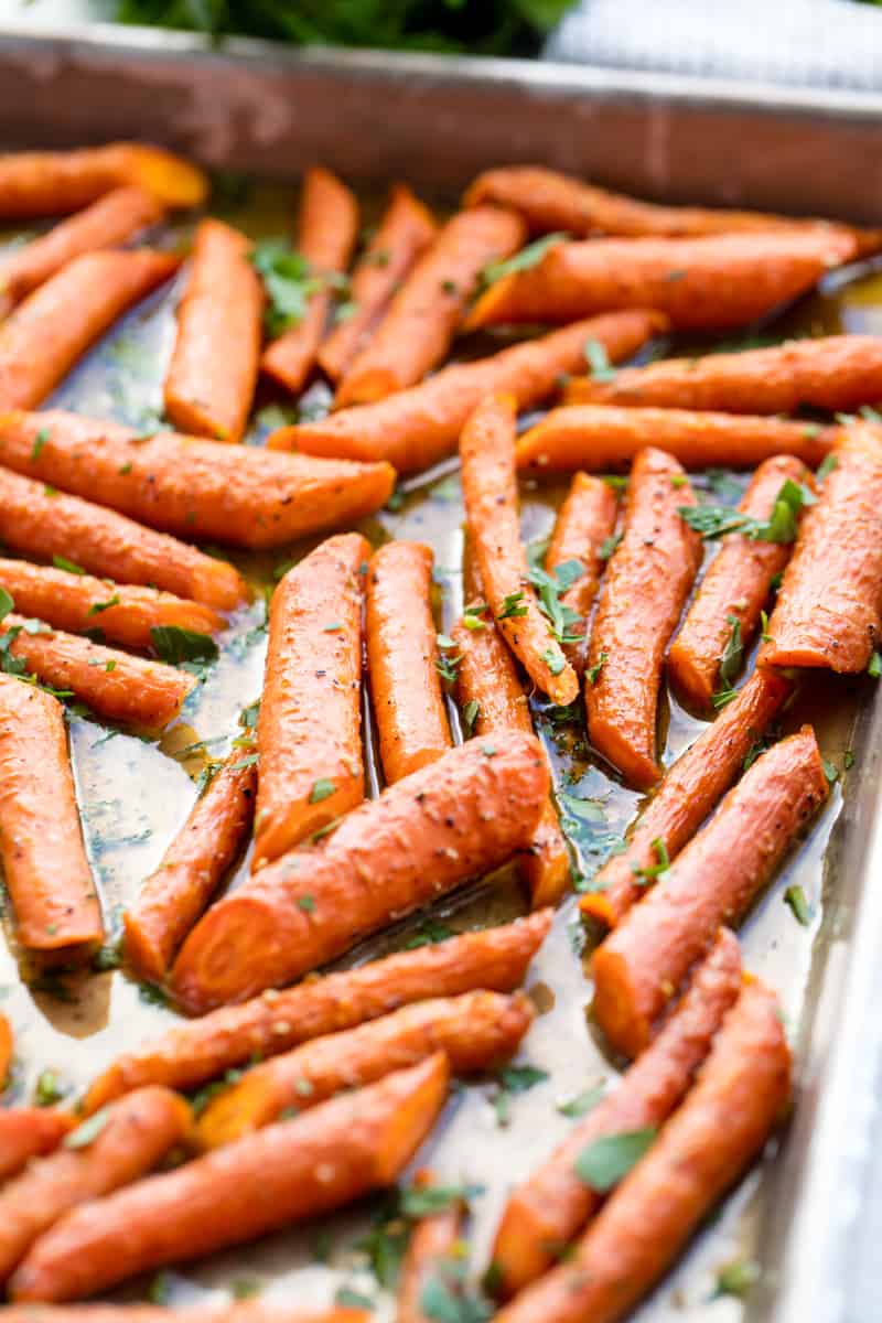 Roasted Carrots on a baking sheet.