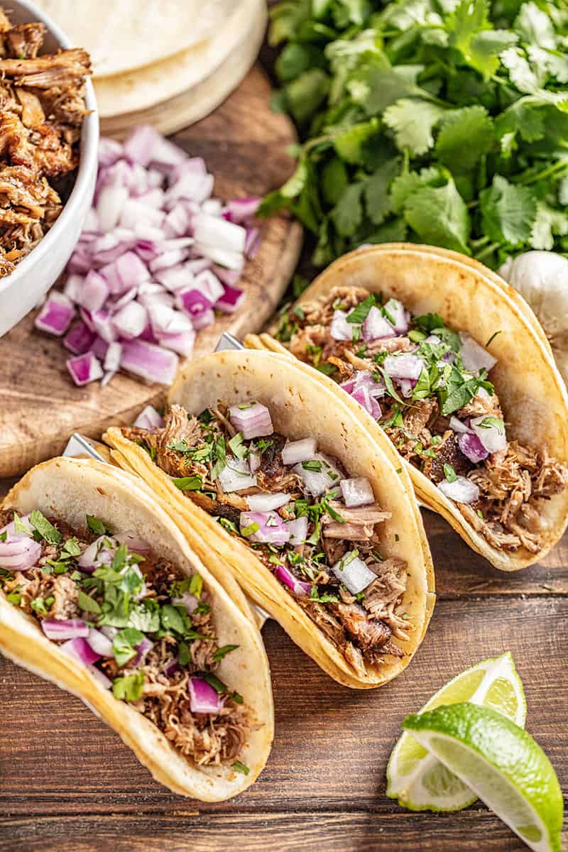 Crockpot carnitas in tacos