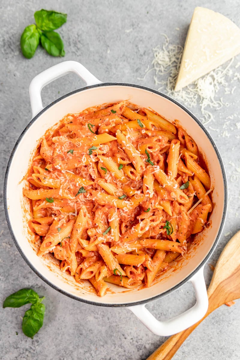 Overhead view of penne alla vodka in a stockpot.