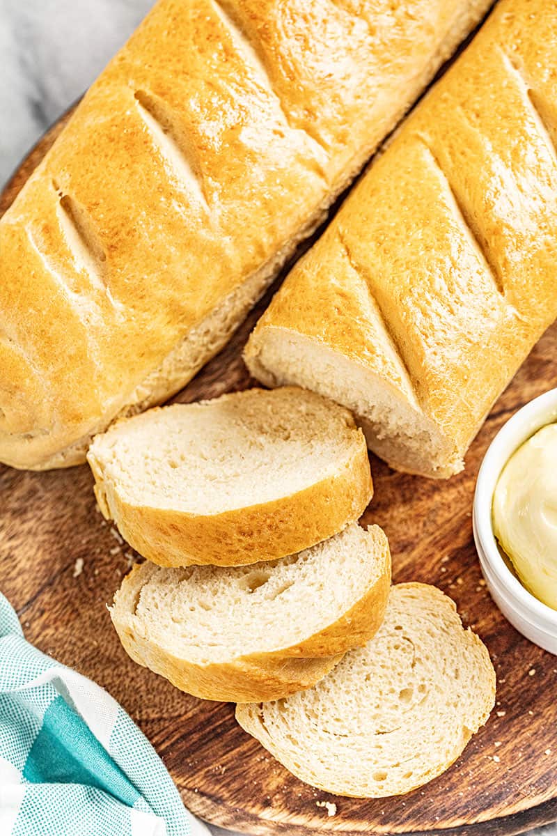 A sliced loaf of French bread