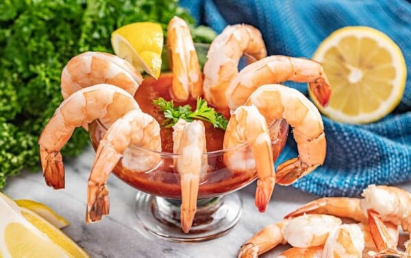 Shrimp cocktail in a glass.