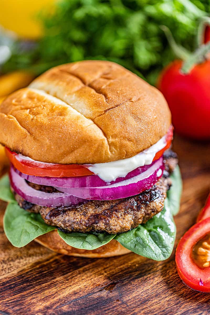 Close up view of the best ever turkey burger.