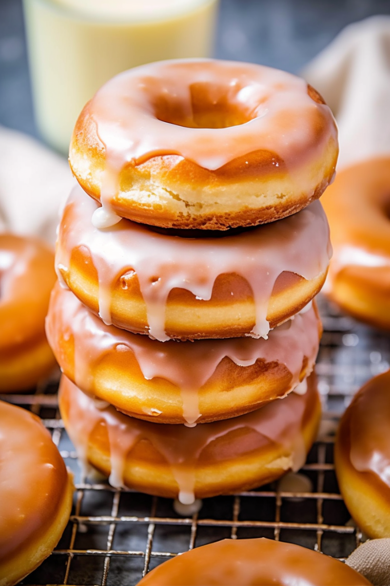 A stack of 4 glazed donuts.