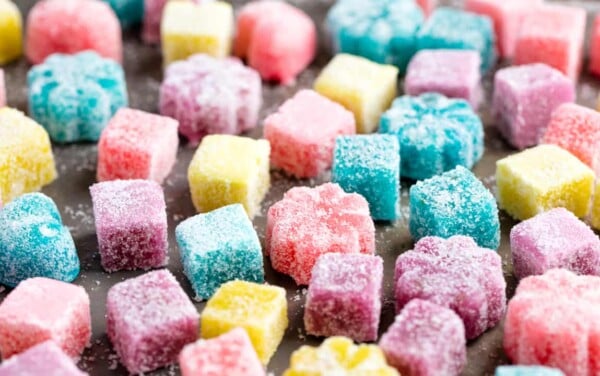 Close up of Homemade Gumdrops on a baking sheet.