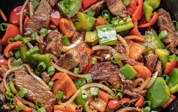 Chinese pepper steak in a wok