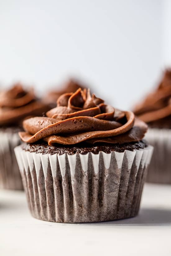 A chocolate cupcake with chocolate frosting