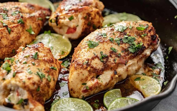 Fajita stuffed chicken breast surrounded by fresh limes