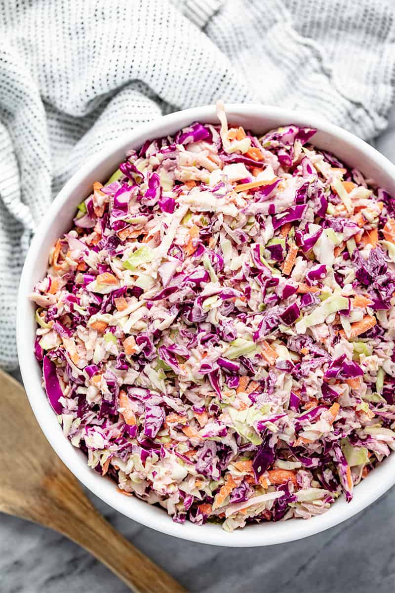 a bowl filled with homemade coleslaw