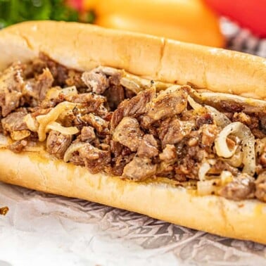 authentic Philly cheesesteak on a homemade hoagie roll