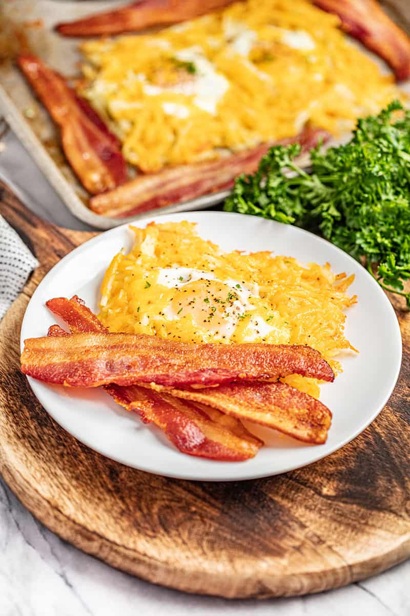 One pan breakfast baked served on a white plate.