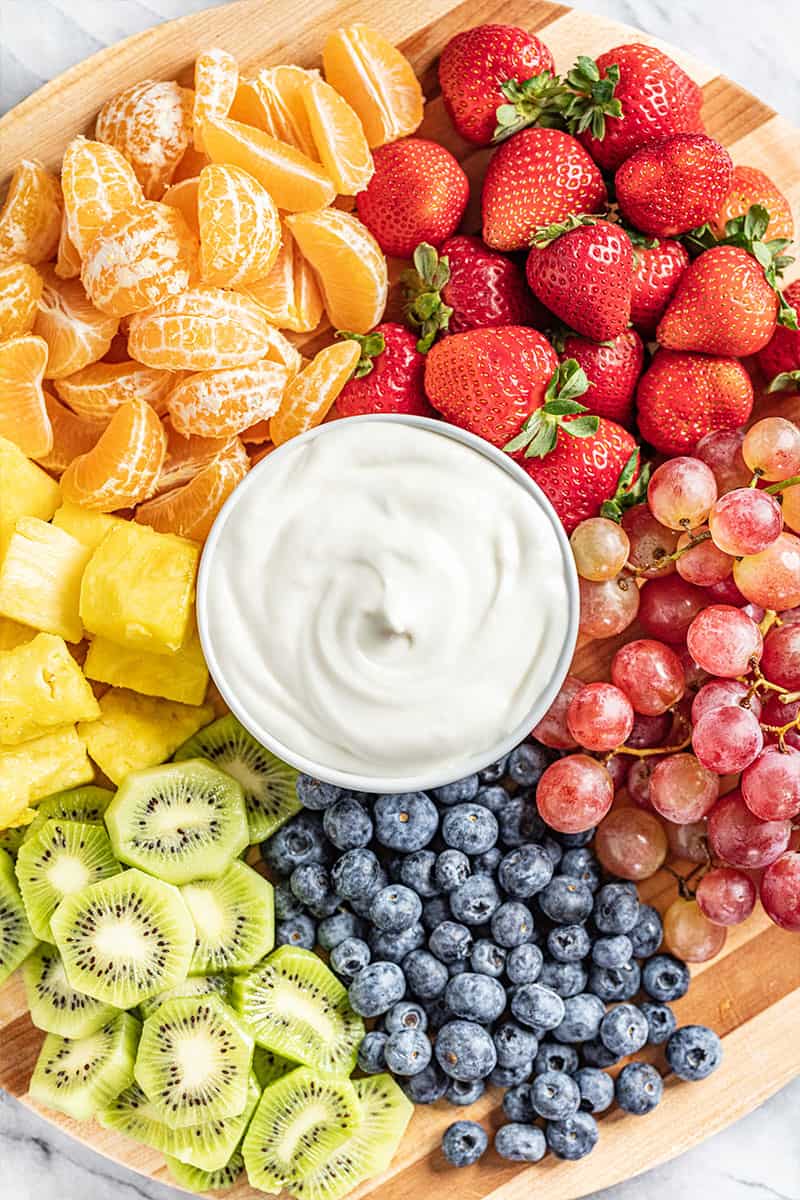 Overhead view of marshmallow fruit dip.