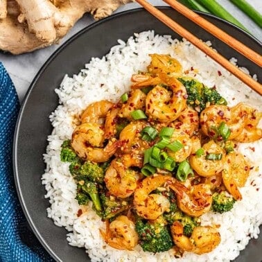 Overhead view of a bowl of spicy Szechuan shrimp and broccoli.