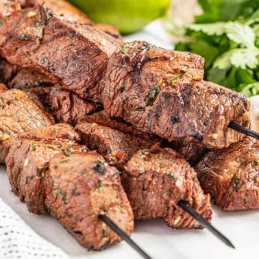 Marinated beef kabobs.