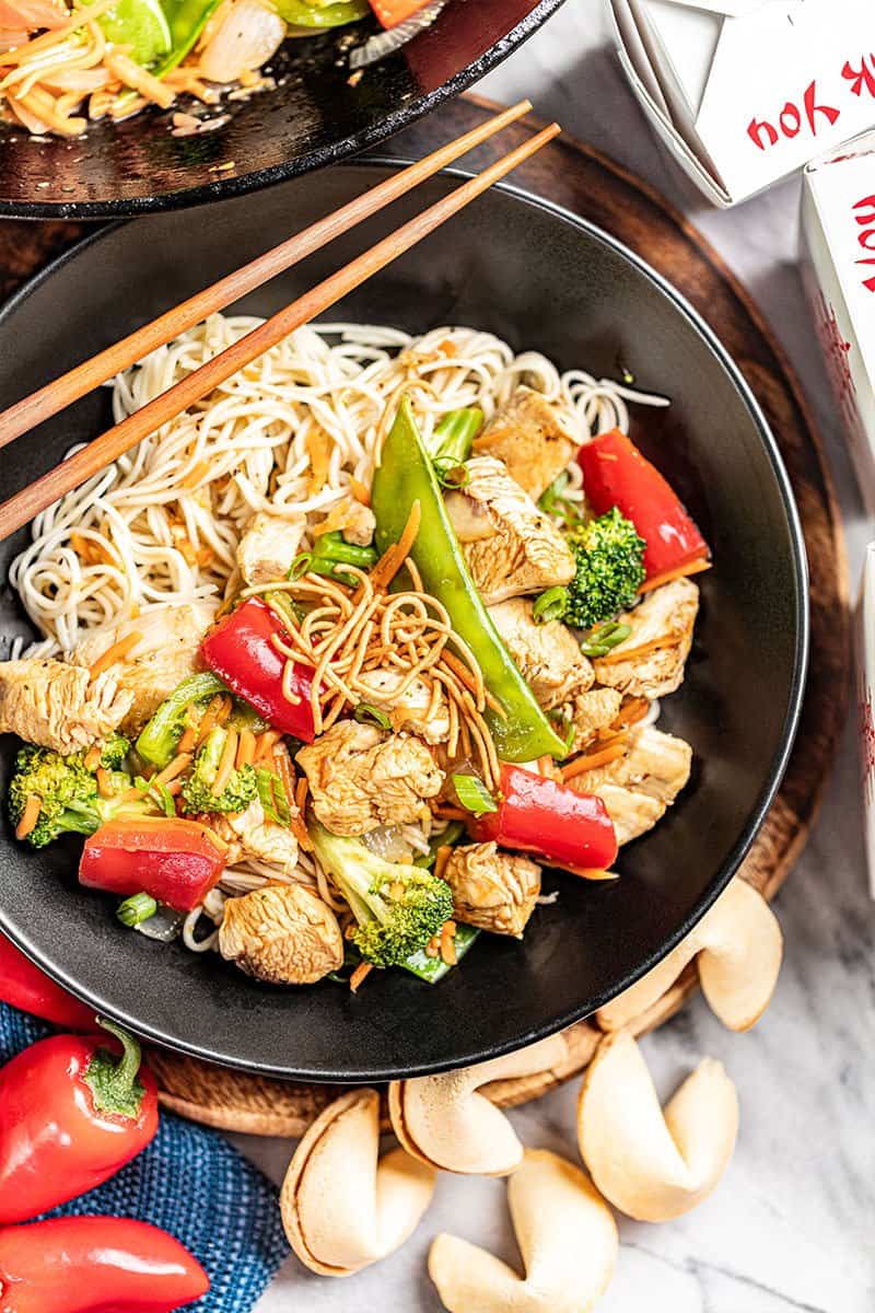 Overhead view of chicken stir fry.