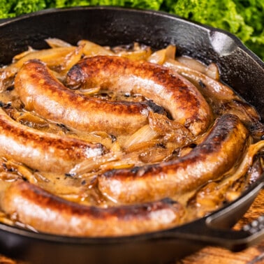 Beer braised bratwurst and onions.