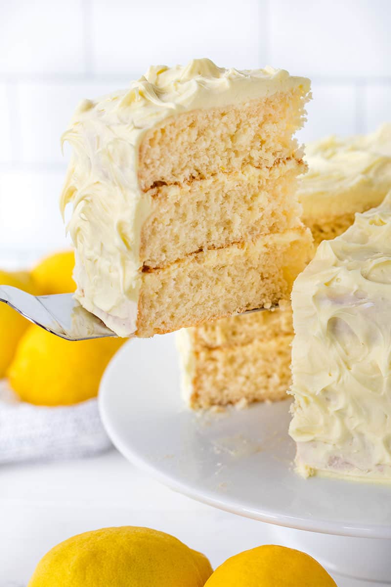 A spatula with a slice of lemon cake on it.