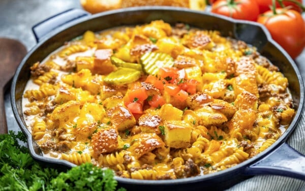 Cheeseburger casserole in a cast iron skillet.