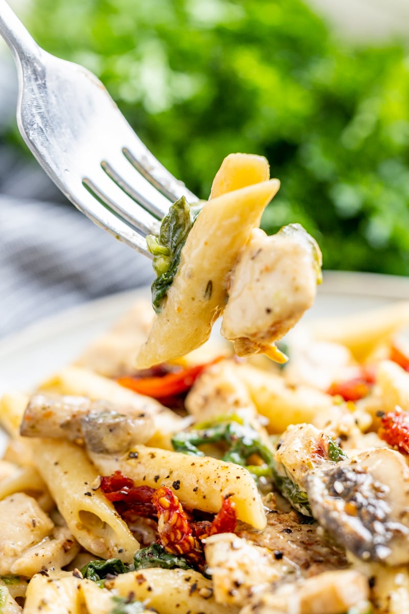 A fork holding up a bite of Italian chicken and pasta.