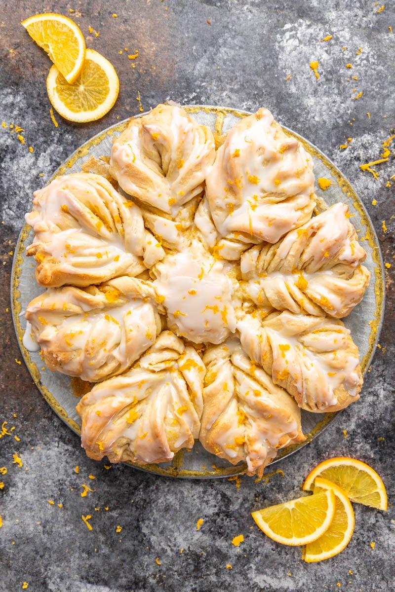 Overhead view of orange star bread.