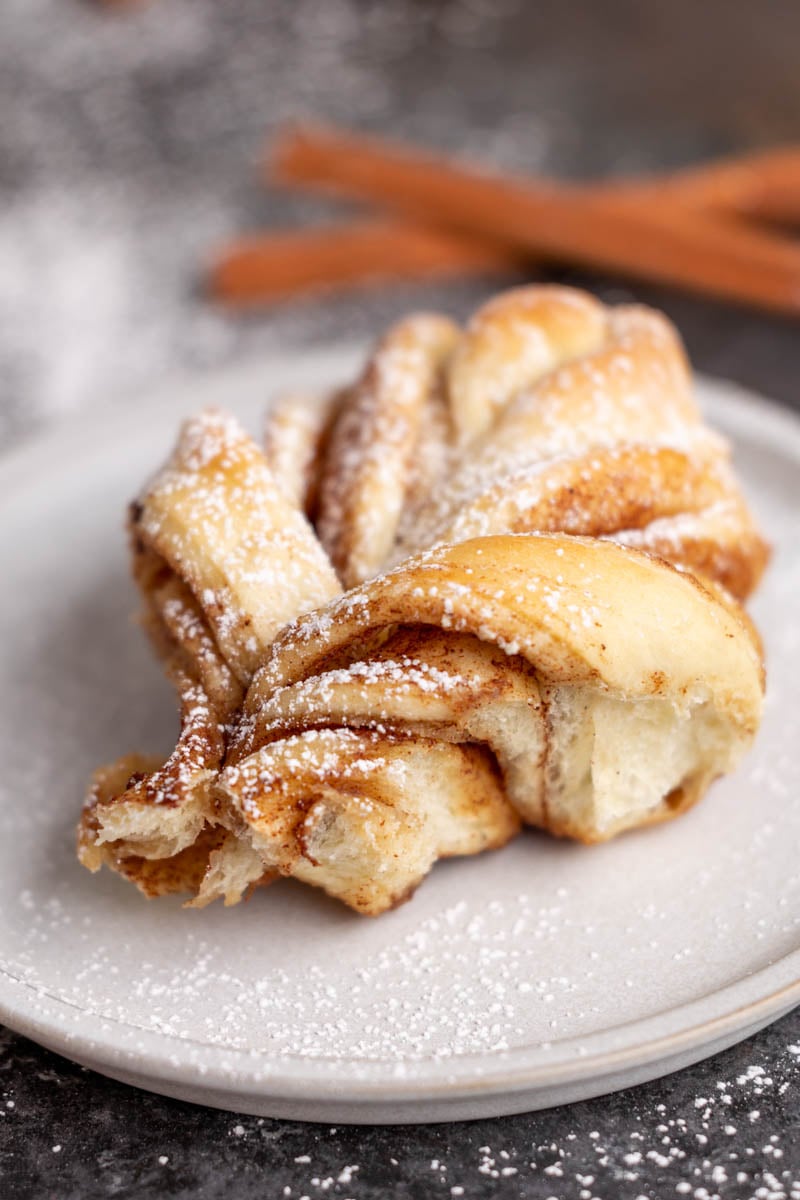 Close up view of a piece of star bread.