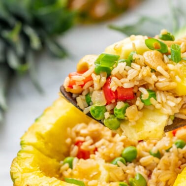 Pineapple fried rice in a hollowed out pineapple.