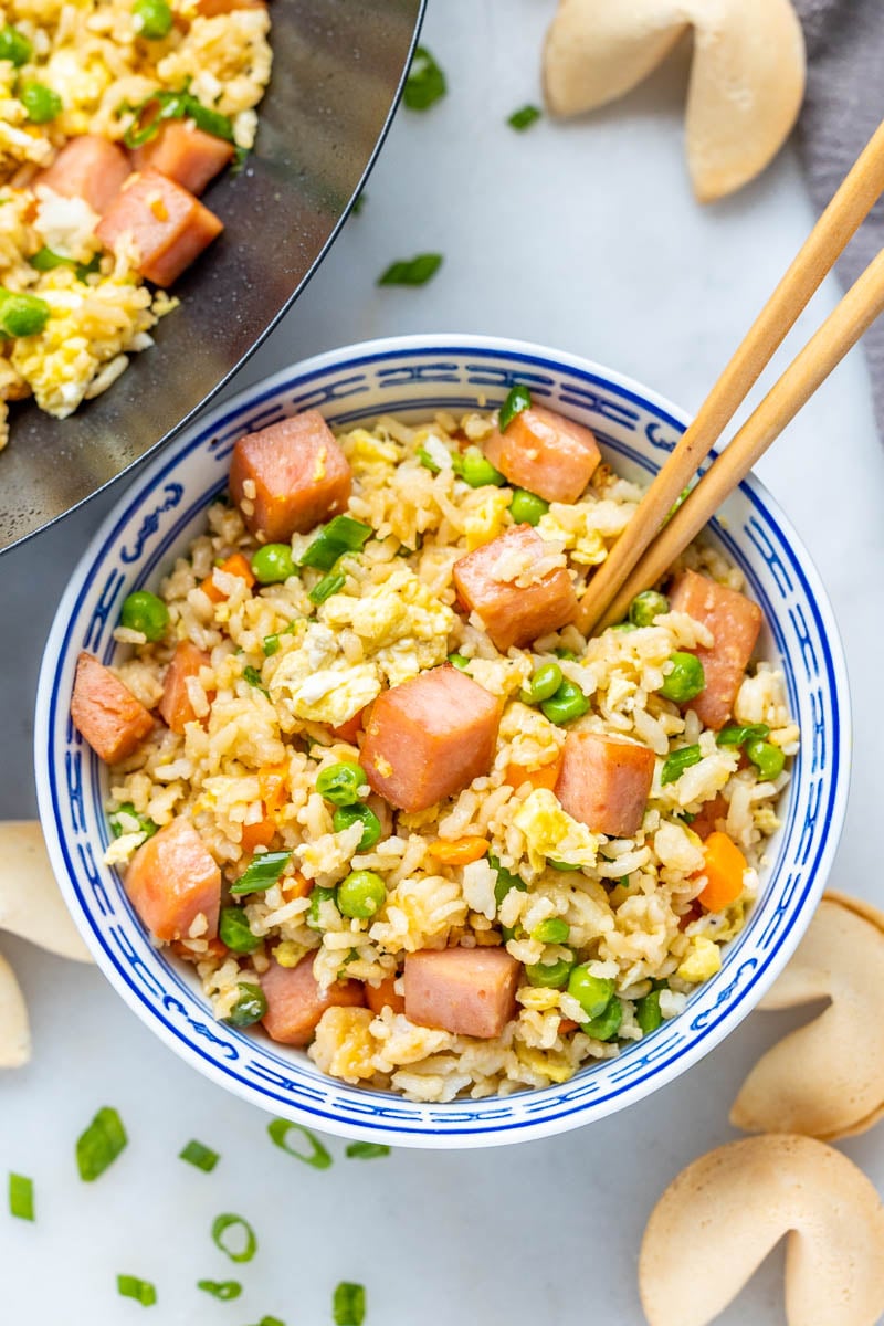 Overhead view of spam fried rice in a bowl.