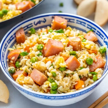 Spam fried rice in a bowl.