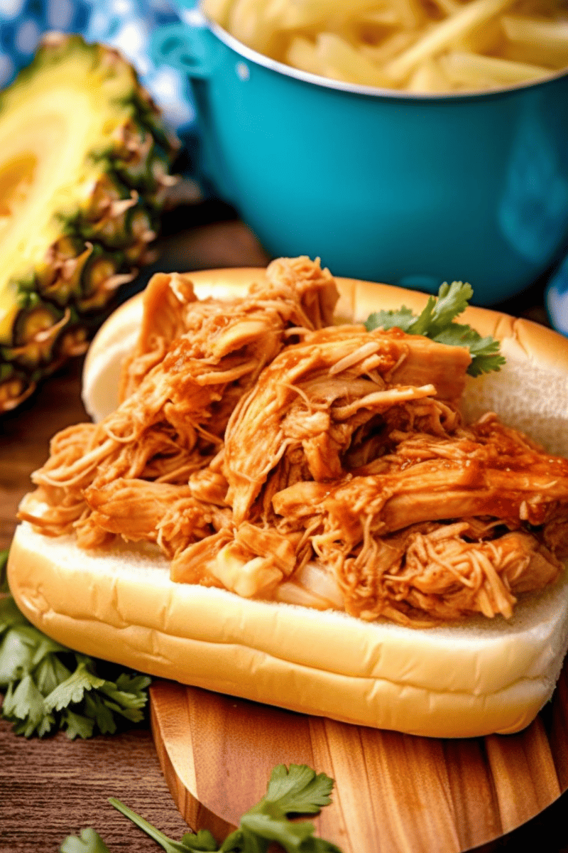 Shredded Hawaiian BBQ Chicken Sandwich on a toasted hoagie bun.