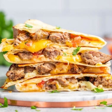 Steak quesadillas on a serving platter.